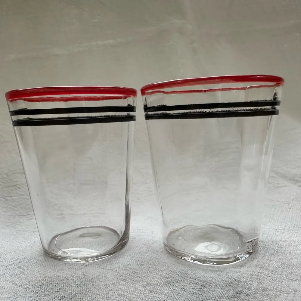Vintage Nostalgic 1960s Era Matched Red & Black Banded Pair Clear Shot Glasses